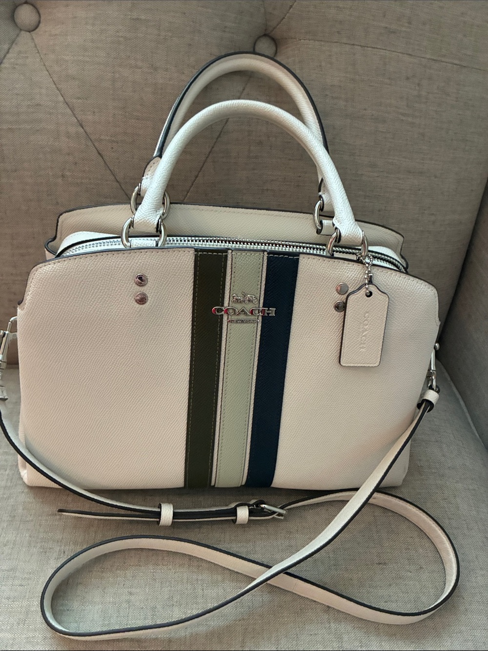 COACH Cream Leather Satchel with Olive and Navy Stripes